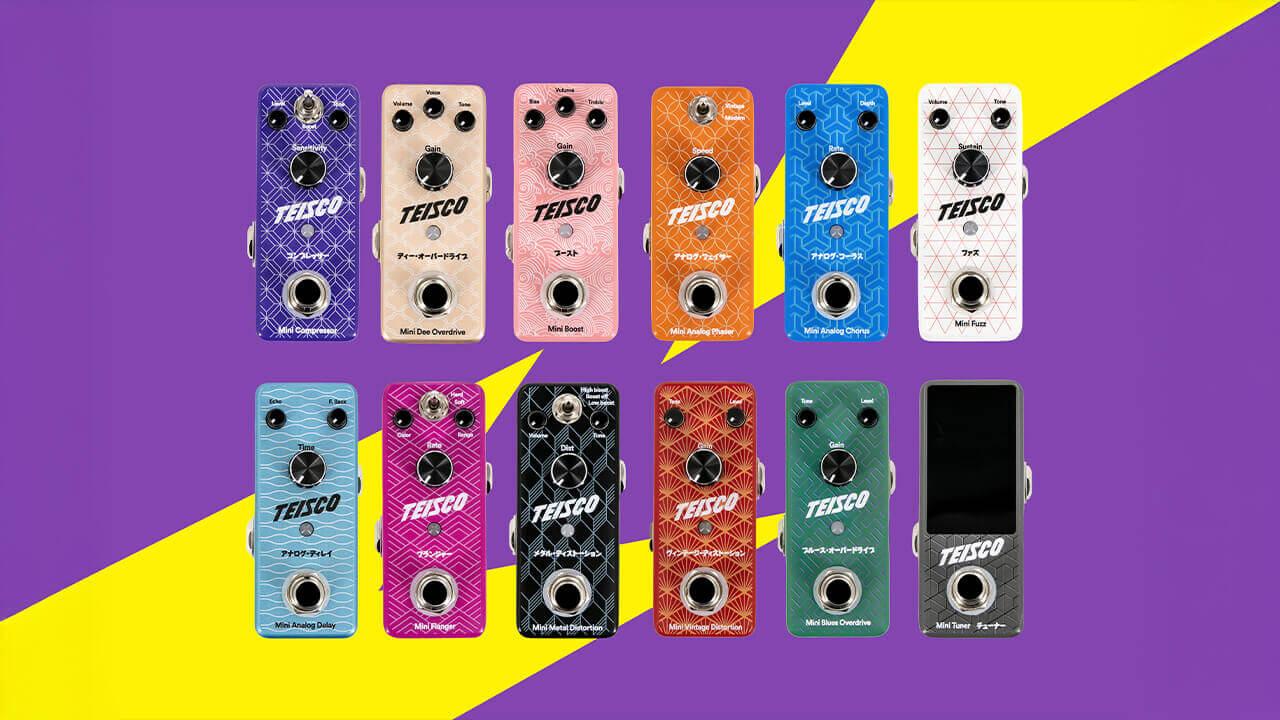 The complete Teisco Mini effects pedal collection featuring all 12 compact pedals arranged in a flat lay display